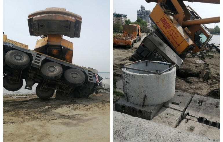 На набережной в Челябинске автокран упал в озеро