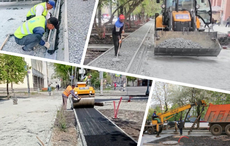 На пешеходной зоне в центре Челябинска начали асфальтировать велодорожки и обустраивать газоны