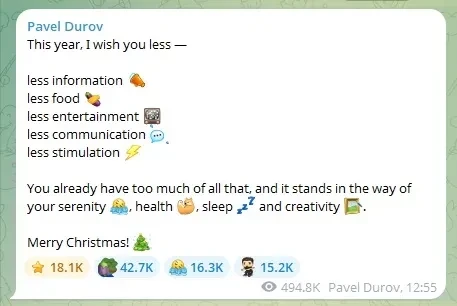 Павел Дуров поздравил подписчиков с православным Рождеством и пожелал им "меньше информации, еды и развлечений"